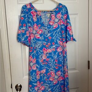 Lilly Pulitzer Easley Blue Midi Dress with Pink Floral Print